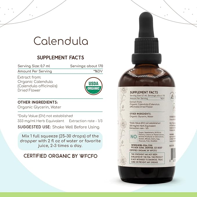 Calendula B120 USDA Organic Tincture | Alcohol-Free Extract, High-Potency Herbal Drops | Certified Organic Calendula (Calendula Officinalis) Dried Flower (4 oz)