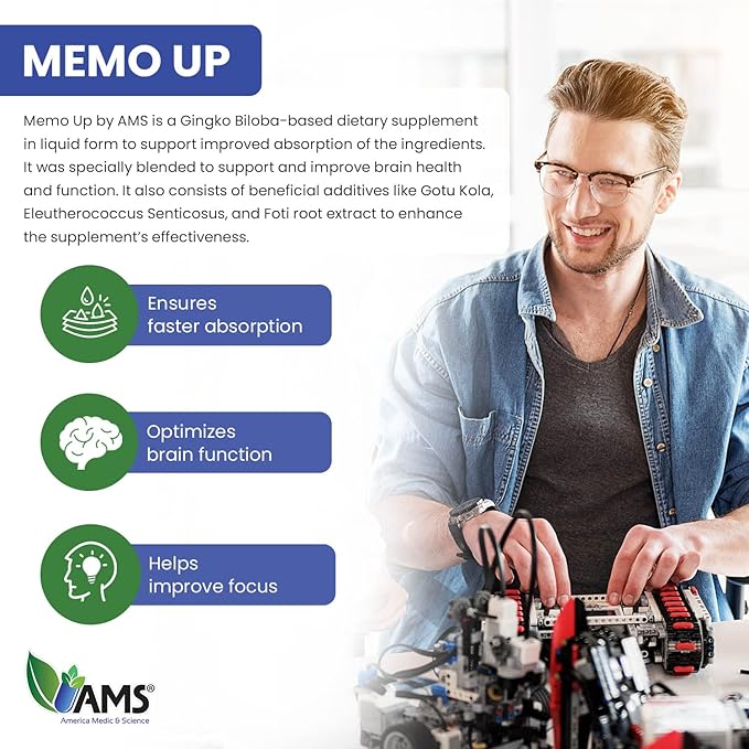 America Medic and Science Memo Up (60 mL) | Liquid Herbal Supplement for Children, Teens, and Adults | Brain Vitamin Drops with Ginkgo Biloba Leaf Extract | Boosts Memory, Focus, and Blood Flow