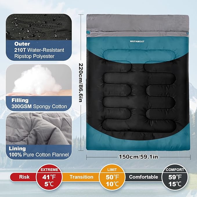 Cotton Flannel Double Sleeping Bag for Adults Machine Washable 2 Person Camping Sleeping Bag Queen Size Waterproof with Compression Sack for Cold Weather 3-4 Seasons
