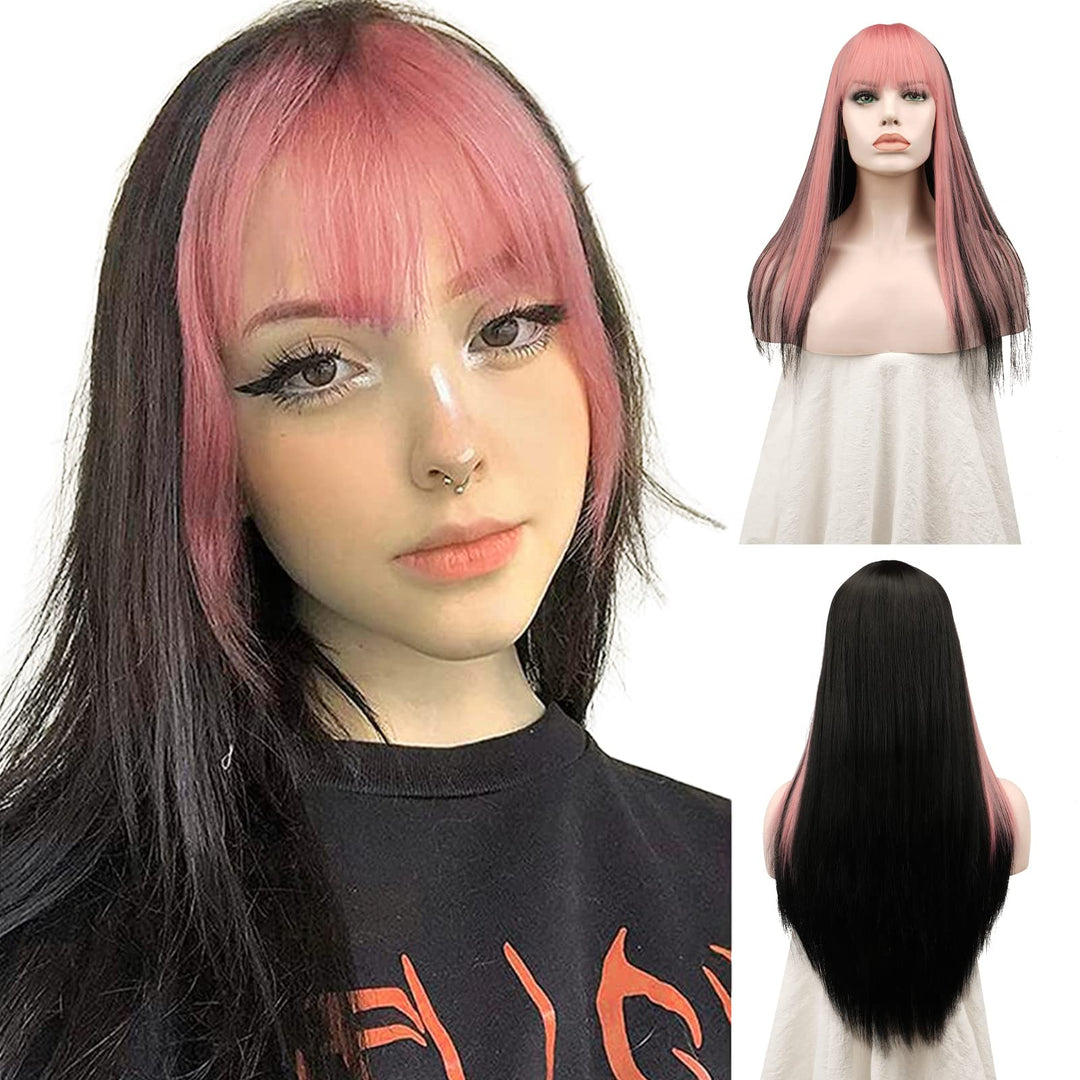 SOFEIYAN Long Straight Wig with Bangs Black with Pink Strips Synthetic Hair Replacement Wigs Heat Resistant Full Wig for Women Girls 26 inches