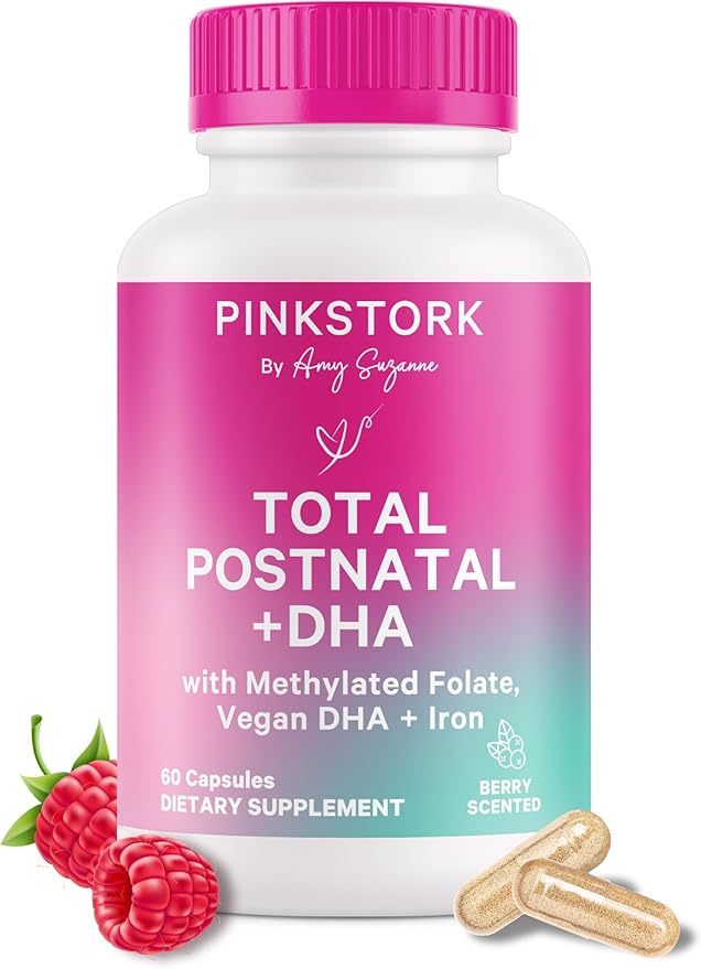 Pink Stork Total Postnatal Vitamins for Women with Vegan DHA, Iron, Folate, and Vitamin B12, Postpartum Recovery Essentials, Daily Supplement for Breastfeeding Moms - 1 Month Supply