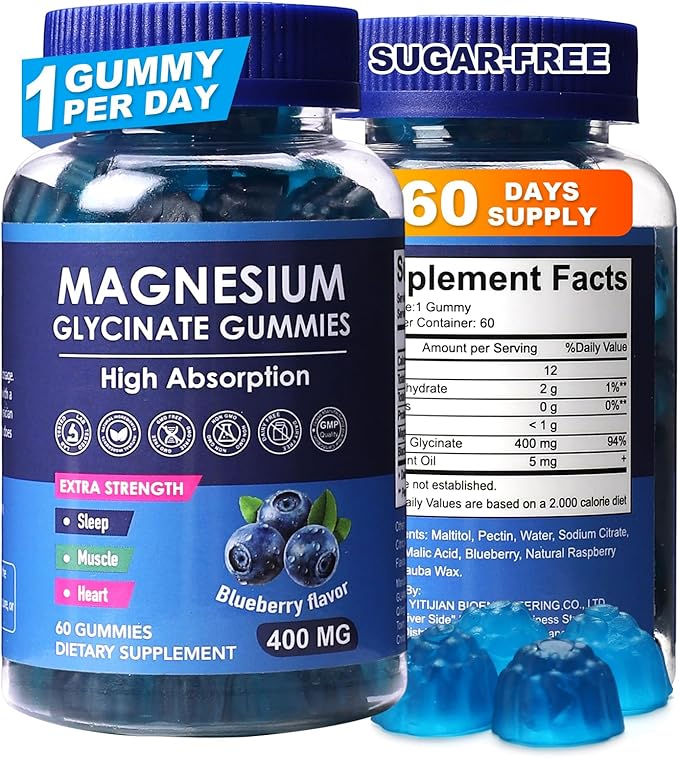 Blueberry Flavor Magnesium Glycinate Gummies 400mg – High Absorption Supplement for Adults and Kids, Sugar-Free, Gelatin-Free, Vegan-Friendly, 60-Day Supply