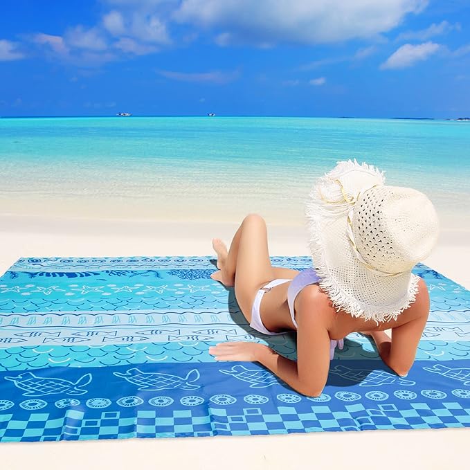 Beach Blanket, Sandproof Beach Mat 79" X 82" for 4-7 Adults, Large Waterproof Beach Blanket Quick Drying Lightweight Beach Blanket with 4 Stakes for Travel Camping Hiking(Blue Sea World)