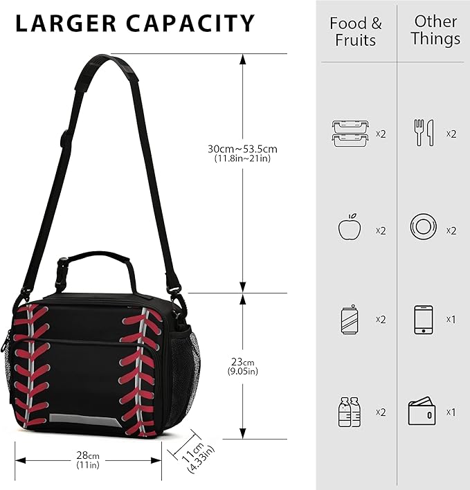 Baseball Lunch Bag Insulated Black Lunch Box Cooler Cooling Tote Food Container for Adults Men Women