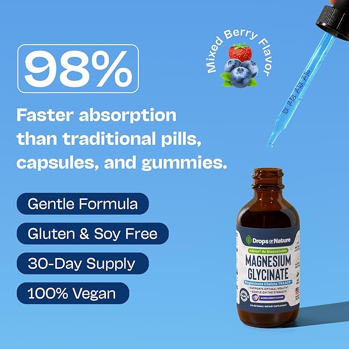 Magnesium Glycinate Liquid Drops – Vegan, GMO-Free & Gluten-Free – Magnesium Supplement for Women & Men – Faster Absorption than Capsules – Daily Support for Muscle and Bone Health (Mixed Berry, 60ml)