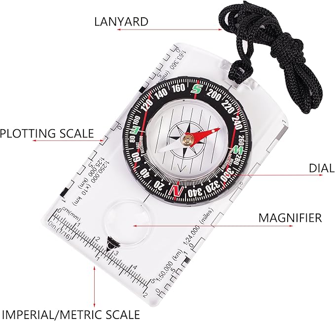 4 Pcs Outdoor Compass with Adjustable Declination,Magnifier,Ruler,Scale. Multifunctional Orienteering Waterproof Compass for Map Reading, Navigation, Hiking