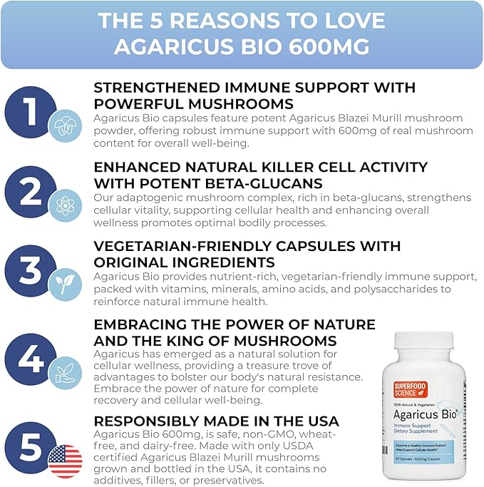 Agaricus Bio 600 mg Wellness Formula, Natural Killer Cell Activity -USA-Grown Organic Agaricus Blazei Murill Mushroom for Immune Support, Liver & Cellular Health, High Beta Glucan Supplements, 60 Caps