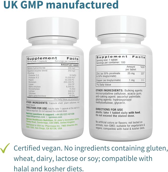 Advanced Digestive Enzymes & Betaine HCl + Zinc Complex 25mg Vegan Bundle, Digestive Aid with Chelated Zinc Picolinate & Bisglycinate, by Igennus