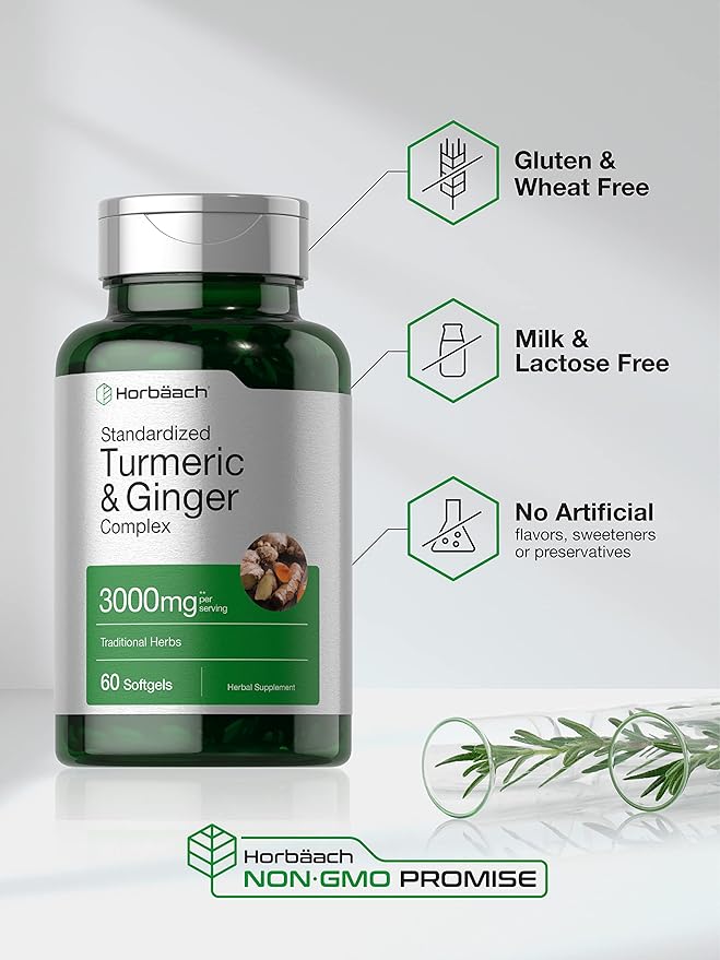 Horbäach Turmeric and Ginger Supplement 3000 mg | 60 Softgel Capsules | Turmeric Curcumin Complex with Black Pepper Extract | Non-GMO, Gluten Free