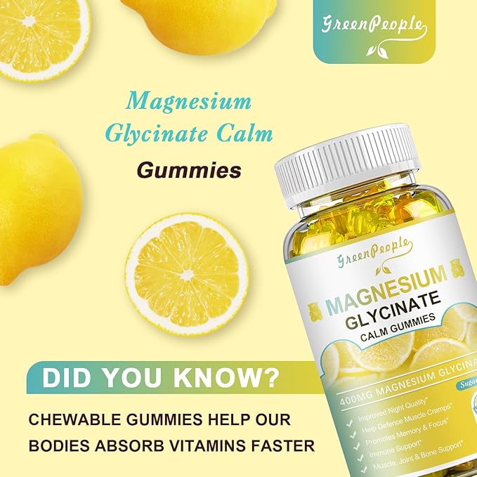 Magnesium Glycinate Gummies 400mg - Sugar Free Magnesium Potassium Supplement with Magnesium Malate, Vitamin D, B6, and CoQ10 for Calm Support & Sleep for Adults - Lemon Gummies