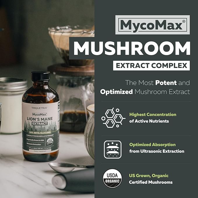 MycoMax Lions Mane Extract - 70% Beta Glucans, Max Potency Organic Lions Mane Supplement, US Grown + Ultrasonic Extraction - 500 mg per serving - Mental Clarity, Focus and Memory - 8 oz.