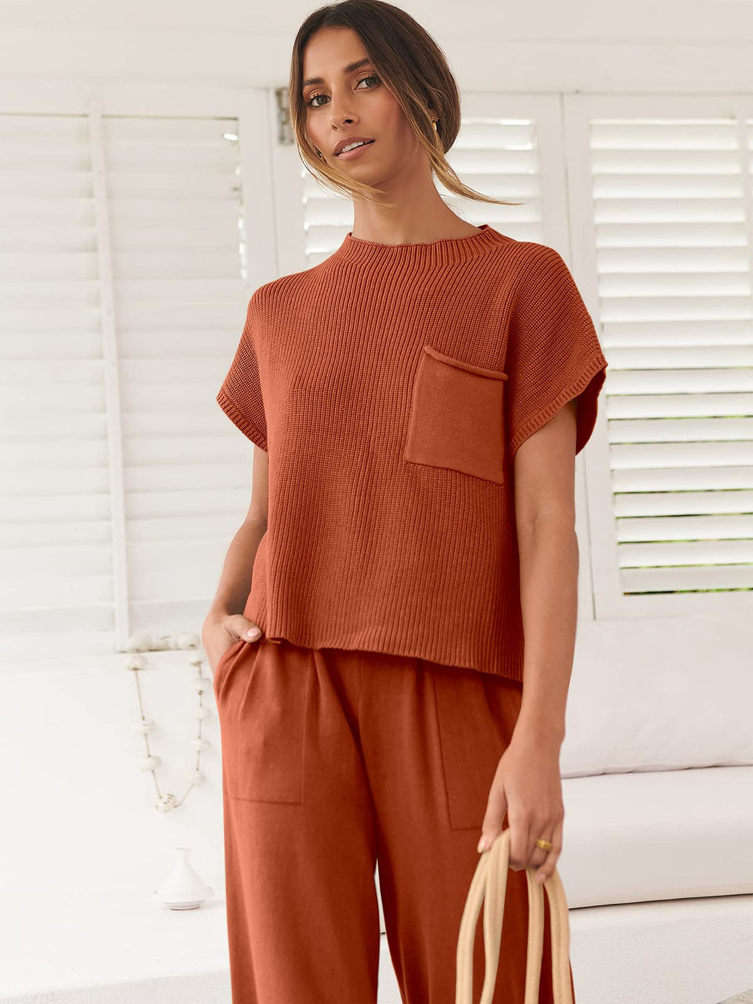ANRABESS Women's Two Piece Outfits Knit Sweater Pullover Crop Top & Pants Lounge Matching Tracksuit Sweatsuit Sets 2024 Trendy Loungewear Clothes Rust Small