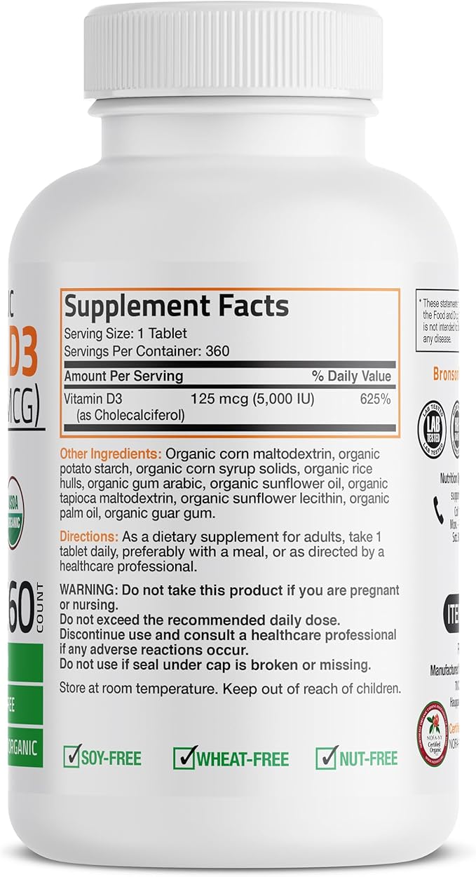 Bronson Vitamin D3 5,000 IU (1 Year Supply) for Immune Support, Healthy Muscle Function & Bone Health, High Potency Organic Non-GMO Vitamin D Supplement, 360 Tablets