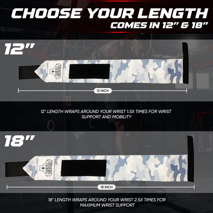 Bear Grips Wrist Wraps for Weightlifting | Weight Lifting Wrist Straps for Weightlifting | Extra Strength Gym Wrist Wraps | Two Wrist Wrap Per Pack | 12” & 18” | Lifting Wrist Wraps for Men & Women