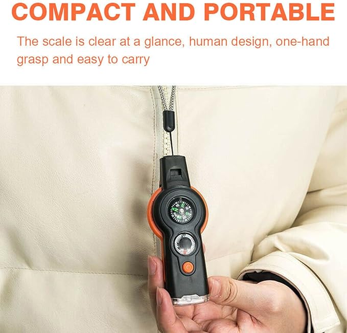 7 in 1 Multi-Function Compass, Outdoor Survival Safety Whistle Compass Thermometer LED Mirror Magnifying Glass Multitool for Camping, Hiking, Hunting, Fishing and Adventure