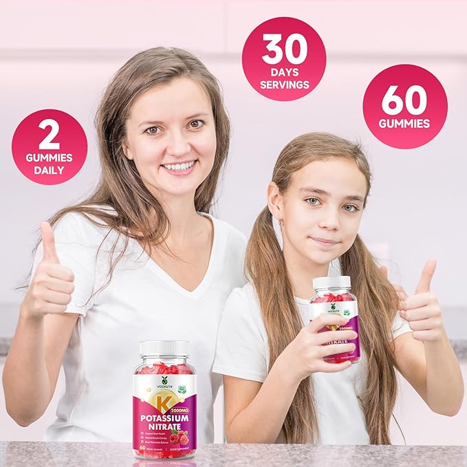 Potassium Gummies for Women & Men, High Dose Potassium Supplement 2000mg Supports Muscle Cramps & Electrolyte Balance, Raspberry Flavor 60 Count