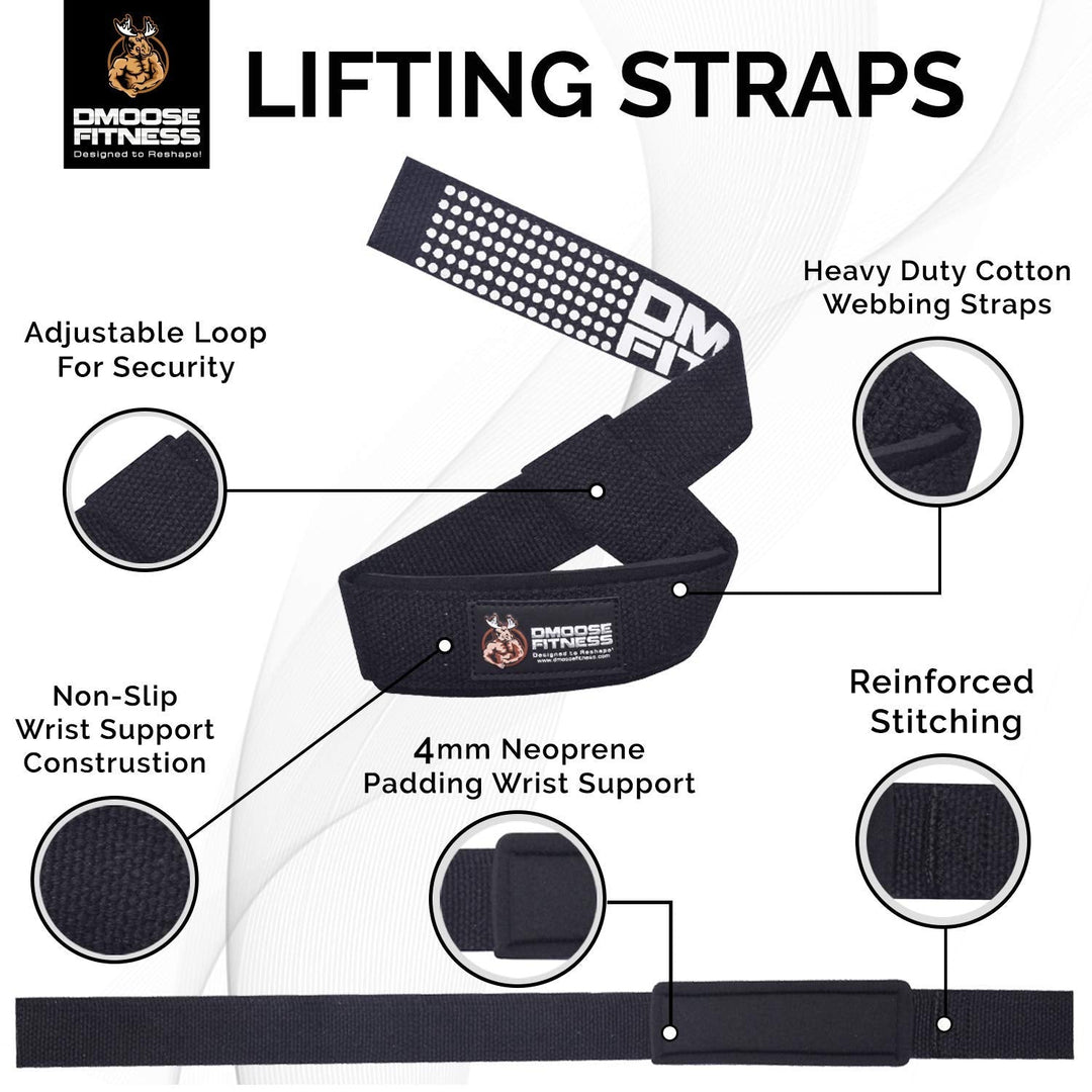 DMoose Lifting Straps, 24 inch (Pair) Wrist Straps for Weightlifting, Deadlift, Powerlifting, Bodybuilding Gym Workout, Neoprene Padded Support Cotton Straps for Max Hand Grip Strength Training