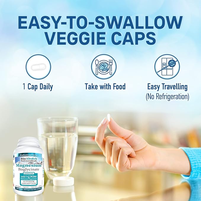 Bio Absorb Magnesium Glycinate/Bisglycinate Supplement. 200mg of Chelated Elemental Magnesium. 260 Vegan Capsules (260-Day Supply)