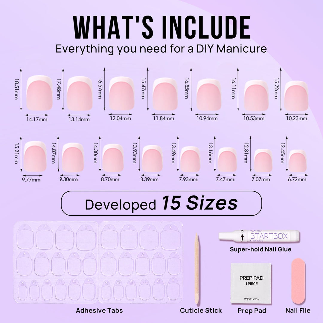 BTArtbox Press On Nails Short - Square French Tip Press On Nails, Fake Nail with Nail Glue, Natural Reusable Stick On Nails in 15 Sizes - 30 Fake Nails Kit
