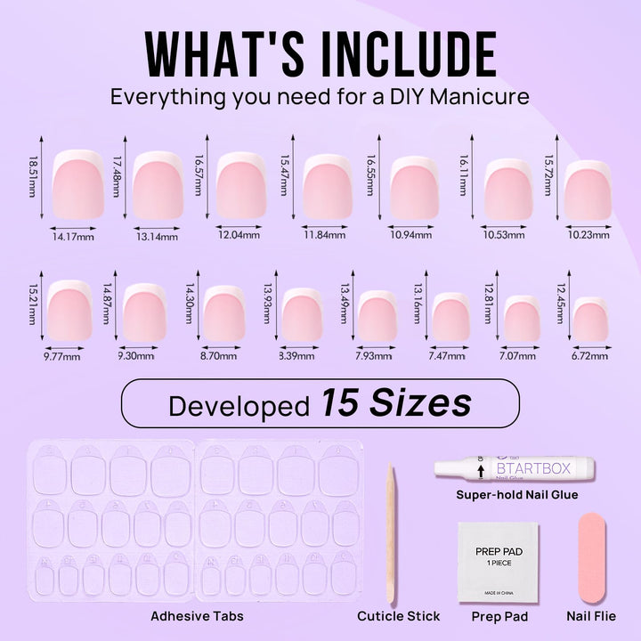 BTArtbox Press On Nails Short - Square French Tip Press On Nails, Fake Nail with Nail Glue, Natural Reusable Stick On Nails in 15 Sizes - 30 Fake Nails Kit