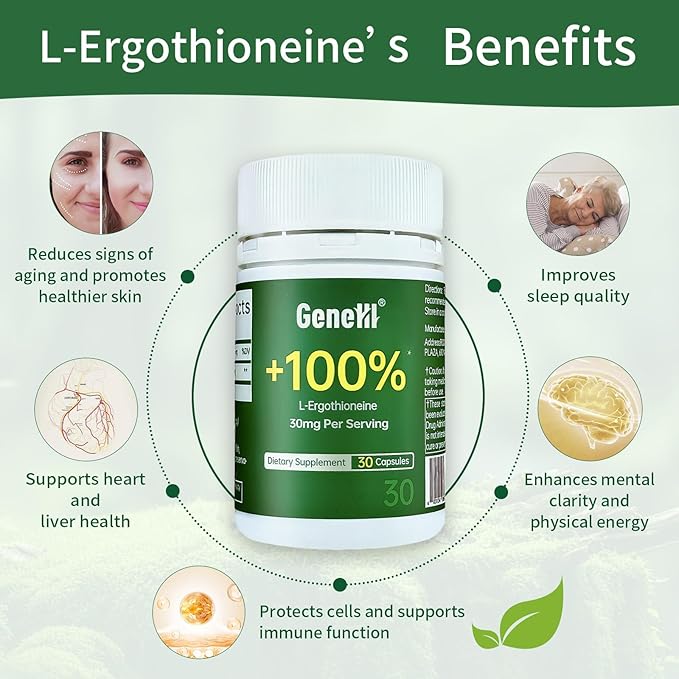 L-Ergothioneine Supplement, 30mg(EGT)/Serving, 6X Ergothioneine Mushroom Extract Supplements Longevity, Immune Support, Heart Health & Brain Supplement, Lab Tested, Made in USA (30 Servings)