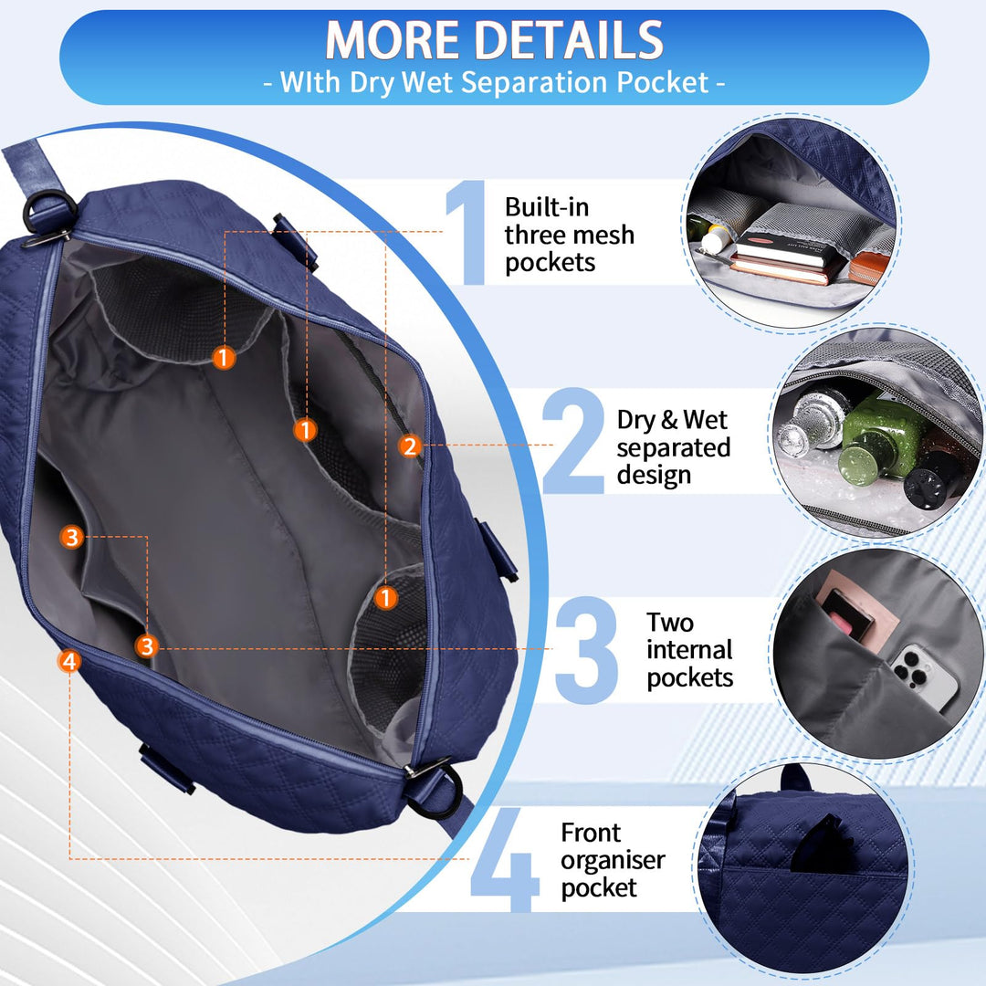FIORETTO Women's Water-Resistant Travel Gym Duffle Bag with Detachable Strap, Multi-Functional, Ideal for Travel, Gym, Sports, Weekender, DUffel, with Toiletry Bag, Navy Blue