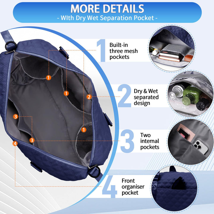 FIORETTO Women's Water-Resistant Travel Gym Duffle Bag with Detachable Strap, Multi-Functional, Ideal for Travel, Gym, Sports, Weekender, DUffel, with Toiletry Bag, Navy Blue