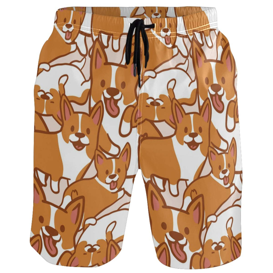 visesunny Lovely Corgi Dog Animal Pattern Men's Beach Shorts Swim Trunks Sports Running Bathing Suits with Mesh Lining