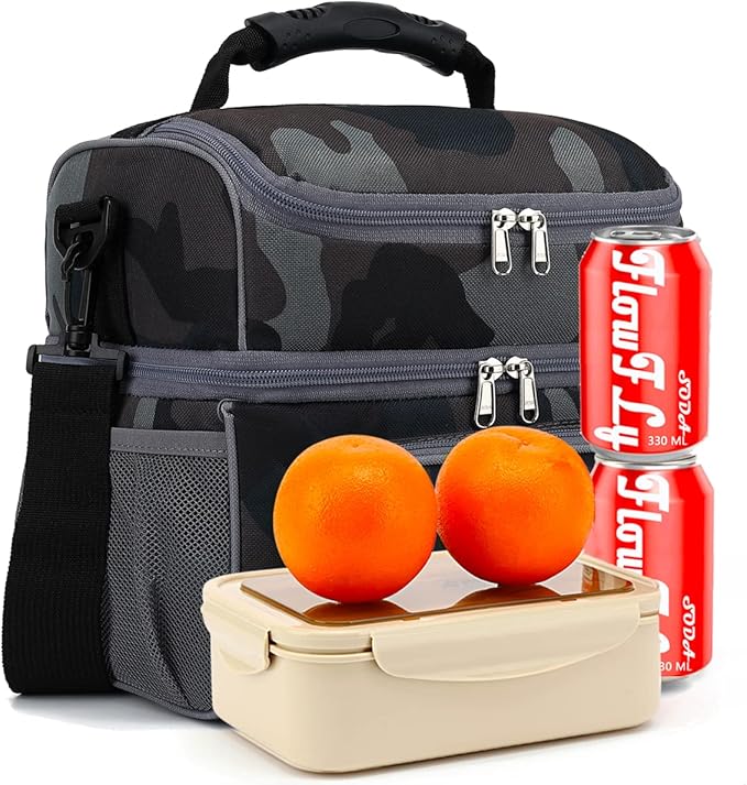 FlowFly Double Layer Cooler Insulated Lunch Bag Adult Lunch Box Large Tote Bag for Men, Women, With Adjustable Strap,Front Pocket and Dual Large Mesh Side Pockets