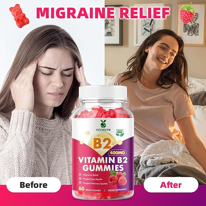 Vitamin B2 Gummies for Kids & Adults, VIT B2 Riboflavin 400mg Supplement with Magnesium for Migraine Relief & Nervous System Support, Non-GMO, Vegan, Raspberry Flavor 120 Count