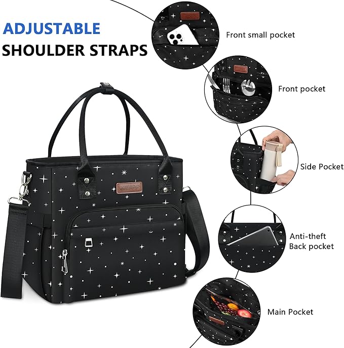 MIYCOO Lunch Bag Lunch Box Women - Leakproof Insulated Lunch Cooler Bag for Women - Large Lunch Tote Bags Adults, Black Starry Sky