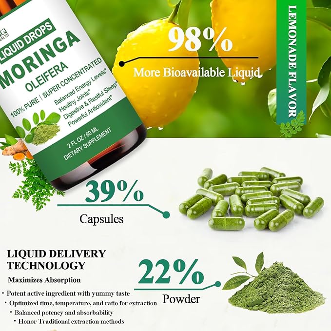 Pure Moringa Oleifera Liquid Drops, Organic Moringa Leaf Extract w. Turmeric, Black Pepper, Moringa Supplement for Energy Metabolism Immune Skin Joint & Gut, 6X Stronger Than Moringa Capsules Powder
