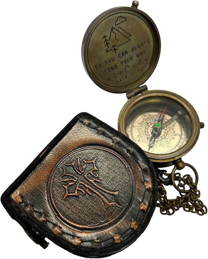 Antique Brass Compass with Detachable Chain & Carrying Case – Vintage Nautical Navigation Tool for Outdoor Hiking, Survival, and Travel – Gift for Collectors and Adventurers