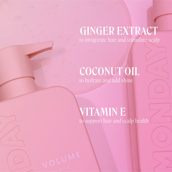 MONDAY Haircare Volume Shampoo 12oz for Thin, Fine, and Oily Hair, Made from Coconut Oil, Ginger Extract, & Vitamin E, 100% Recyclable Bottles (354ml), Pink (10428)
