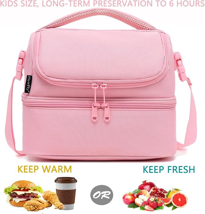 FlowFly Double Decker Cooler Insulated Lunch Bag Large Tote for Boys, Girls, Men, Women, With Adjustable Strap,Pink
