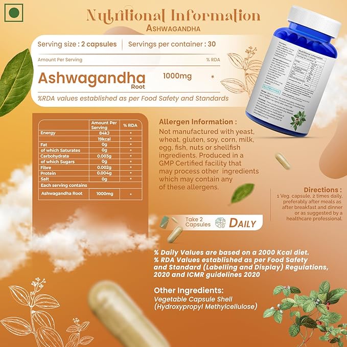 Natural Ashwagandha Capsules 1000mg Herbal Sleep Aid Supplement for Men & Women Adults, Helps Fight Stress Support Energy & Mood, Promote Mind Restfulness - 60 Vegan Capsule