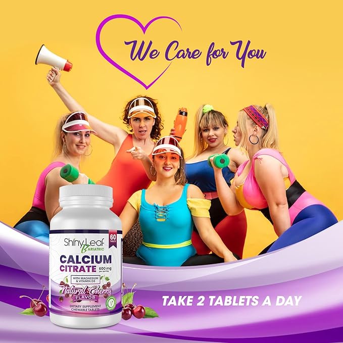 Shiny Leaf Bariatric Calcium Citrate Chews - 600mg, with Vitamin D 3 Plus Magnesium - Chewable Supplements for Women and Men, Bariatric Patients Vitamins for Bone and Joints Health, 240 Count, Cherry