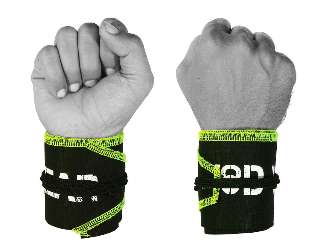 WOD Wear Wrist Wraps for Powerlifting, Strength Training, Bodybuilding, Cross Training, Olympic Weightlifting, Yoga Support - One Size Fits All (Black/Green Stitch)