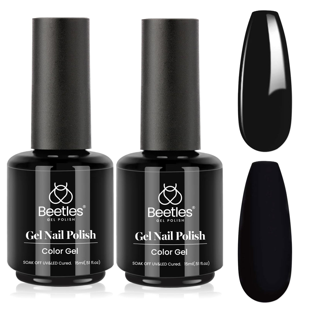 Beetles Gel Nail Polish 2 Pcs, Black Gel Polish Long Nights Collection Pure Black Gel Polish Dark Base Color Soak Off Uv Nail La