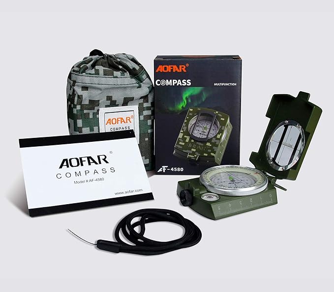 AOFAR Military Compass,AF-4580 Lensatic Sighting, Waterproof and Shakeproof with Map Measurer Distance Calculator, Pouch for Camping, Hiking
