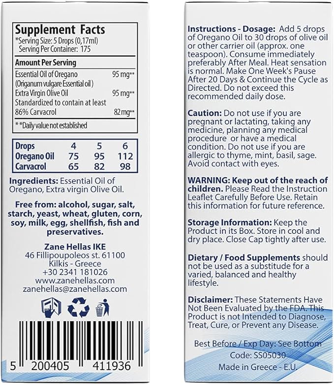 Zane Hellas 50% Oregano Oil. Greek Essential Oil of Oregano .86% Min Carvacrol. 82mg Carvacrol Per Serving. Probably The Best Oregano Oil in The World. 1 fl. oz.- 30ml