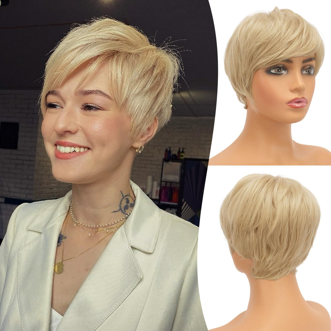Feshfen Pixie Cut Wigs Synthetic Short Blonde Pixie Haircut Wig With Bangs Glueless Layered Wig Wavy Wigs For Women