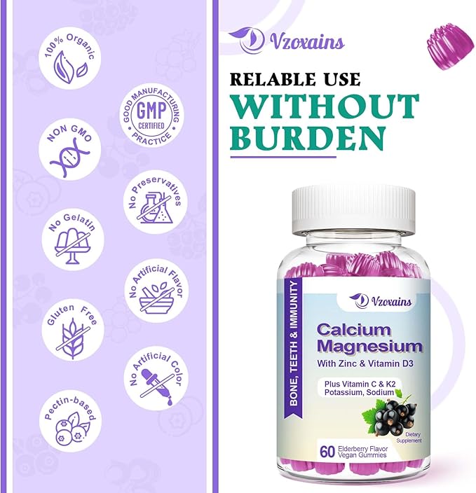 High Absorption Calcium Gummies, Sugar Free Calcium Magnesium Supplement with Potassium Vitamin D3 for B0ne & Teeth Strength, Muscle Function - Vegan, Elderberry Flavor 120 Cts