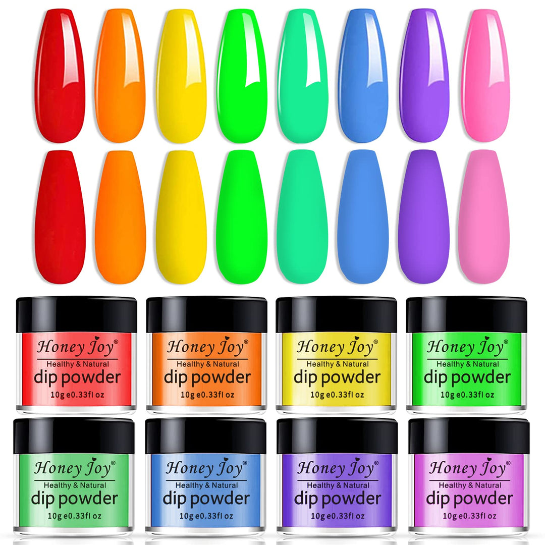 Honey Joy 8pcs/set Fine Dipping Powder Dip Kit Powder Nail Color System, Orange Green Yellow Red Purple Dark Blue, Like Gel Polish Effect, Even & Smooth Finishing (Dip-8pcs-02)