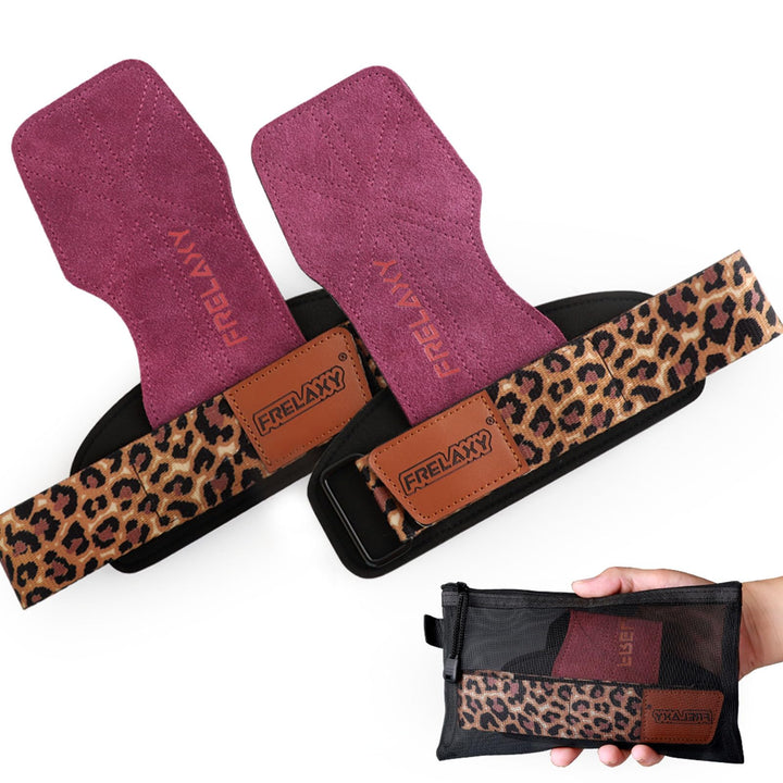 Frelaxy lifting Grips Women and Men, Weight lifting Wrist Straps with Cushion Wrist Loop, Double Layer Leather, and Storage Pouch, Gym Gloves for Deadlift and Powerlifting (Purple/Leopard)