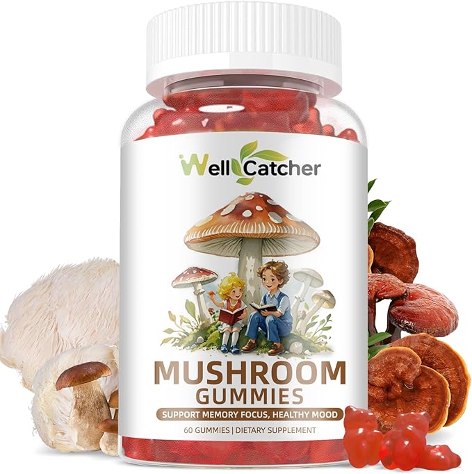 Mushroom Gummies Supplement with Ashwagandha - Lion Mane Mushroom Supplement for Adults Kids with Reishi Cordyceps Brain Supplements for Memory and Focus Organic Vegan Non GMO Mixed Fruit Flavor 60CT