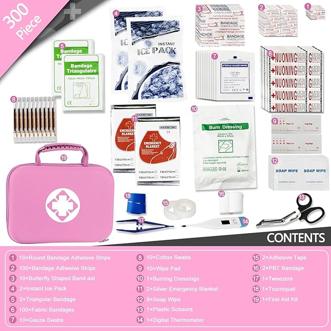 300PCS Home First Aid Kit for Hiking Car Home Emergency Kit First Aid Bag Multiple Purpose Outdoor Backpacking Gear for Disaster Preparedness Pink