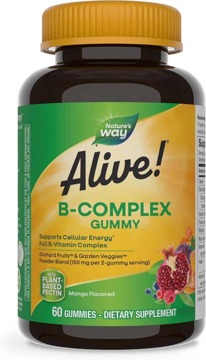 Nature's Way Alive! B-Complex Gummies, Cellular Energy Support*, 8 B-Vitamins, Vegetarian, Mango Flavored, 60 Gummies (Packaging May Vary)