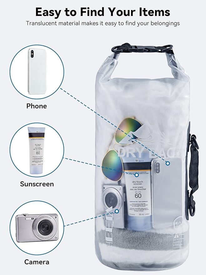 HEETA Dry Bag Waterproof for Women Men, 5L/10L/20L/30L/40L Roll Top Lightweight Dry Storage Bag Backpack with Phone Case for Travel, Swimming, Boating, Kayaking, Camping & Beach, 11 Transparent Colors