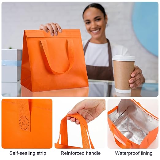 50 Pcs Insulated Take Away Bags Bulk Thermal Insulation Food for Coffee Milk Tea Hot Cold Food Fresh Seafood Cooler Pizza Delivery Bags for Catering Restaurant Grocery (Orange)